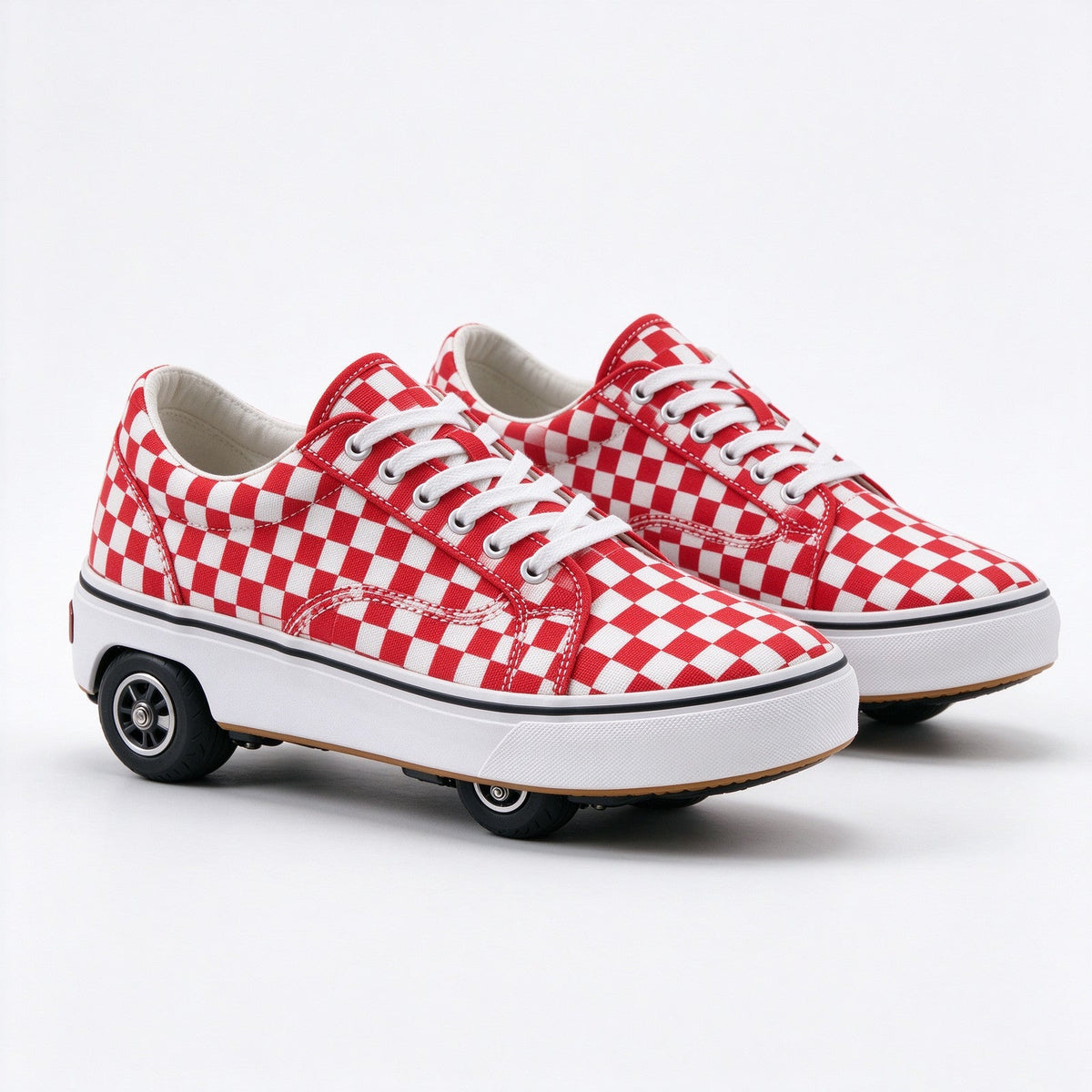 Pair of red and white checkered skate sneakers with a heel wheel, front angle