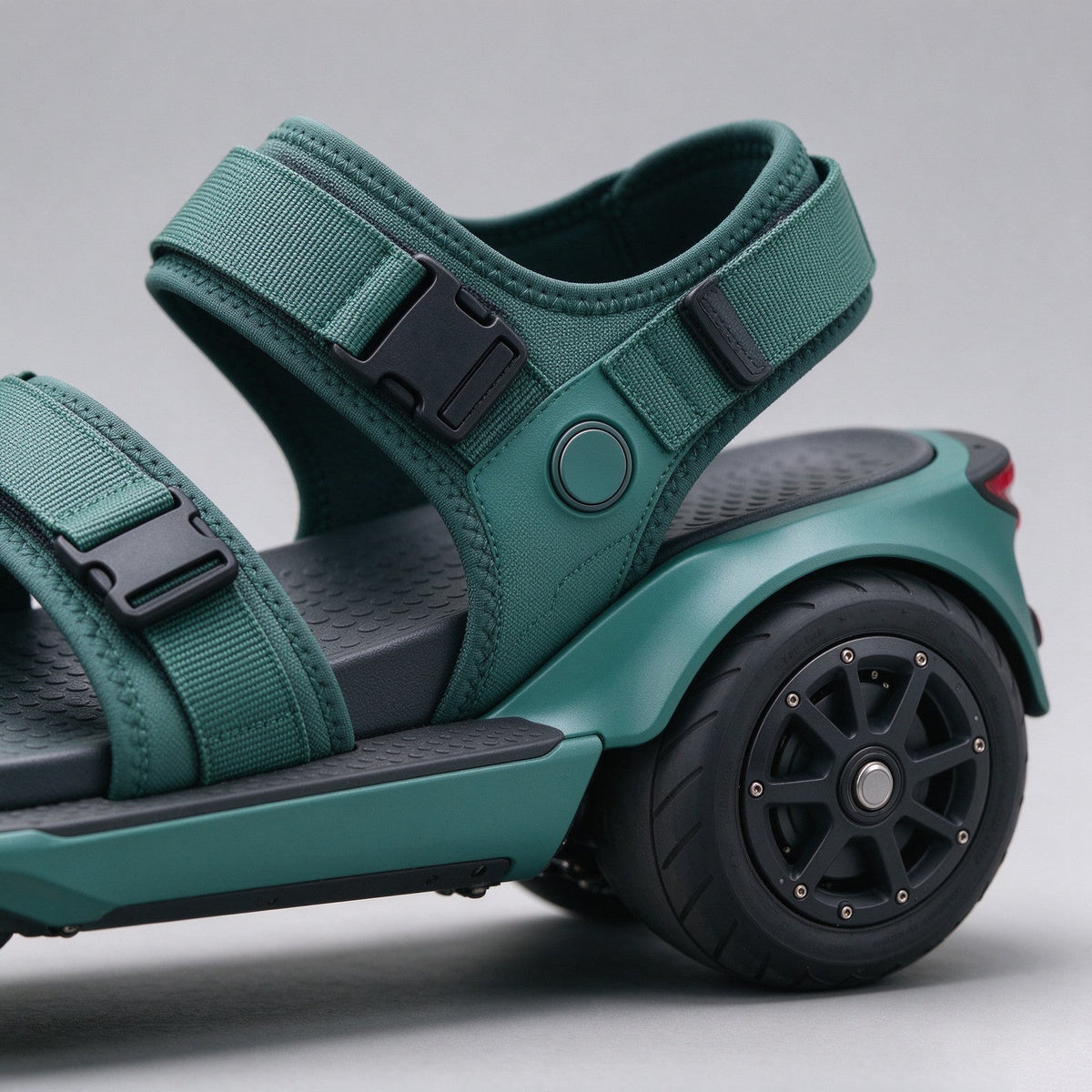 Teal open-toe electric sandal seen from the side with the heel wheel visible