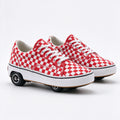 Pair of red and white checkered skate sneakers with a heel wheel, front angle