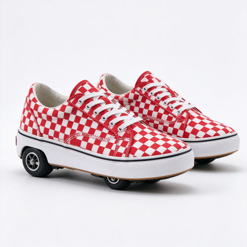 Pair of red and white checkered skate sneakers with a heel wheel, front angle