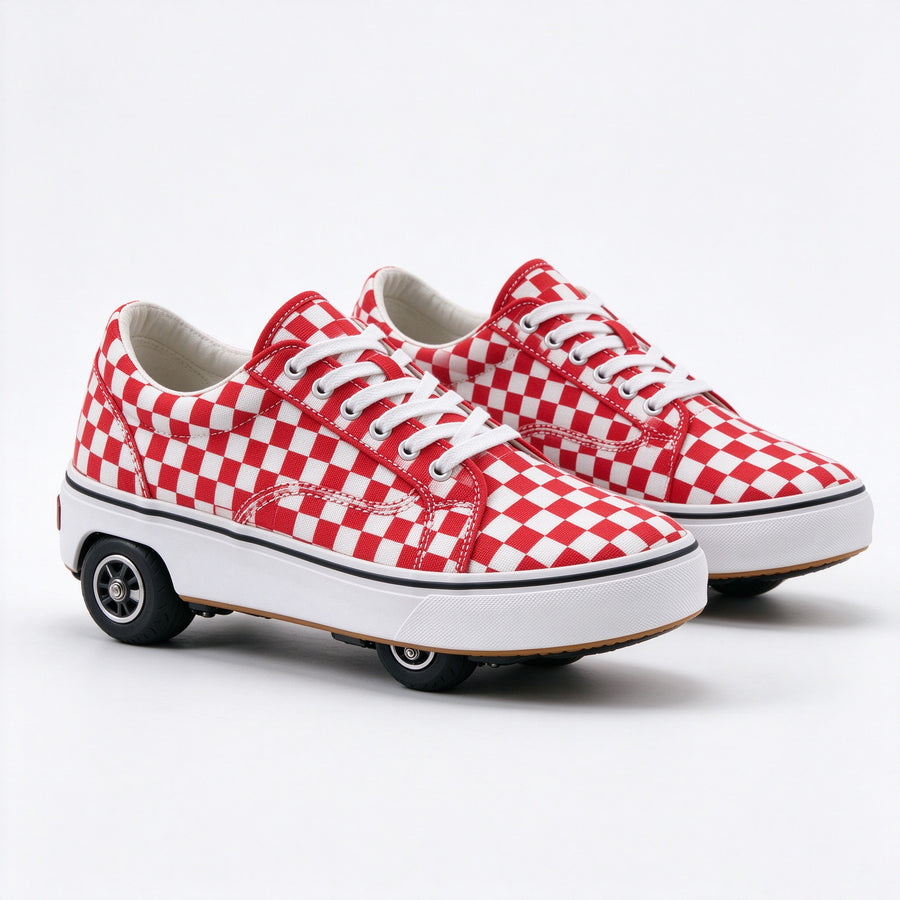 Pair of red and white checkered skate sneakers with a heel wheel, front angle