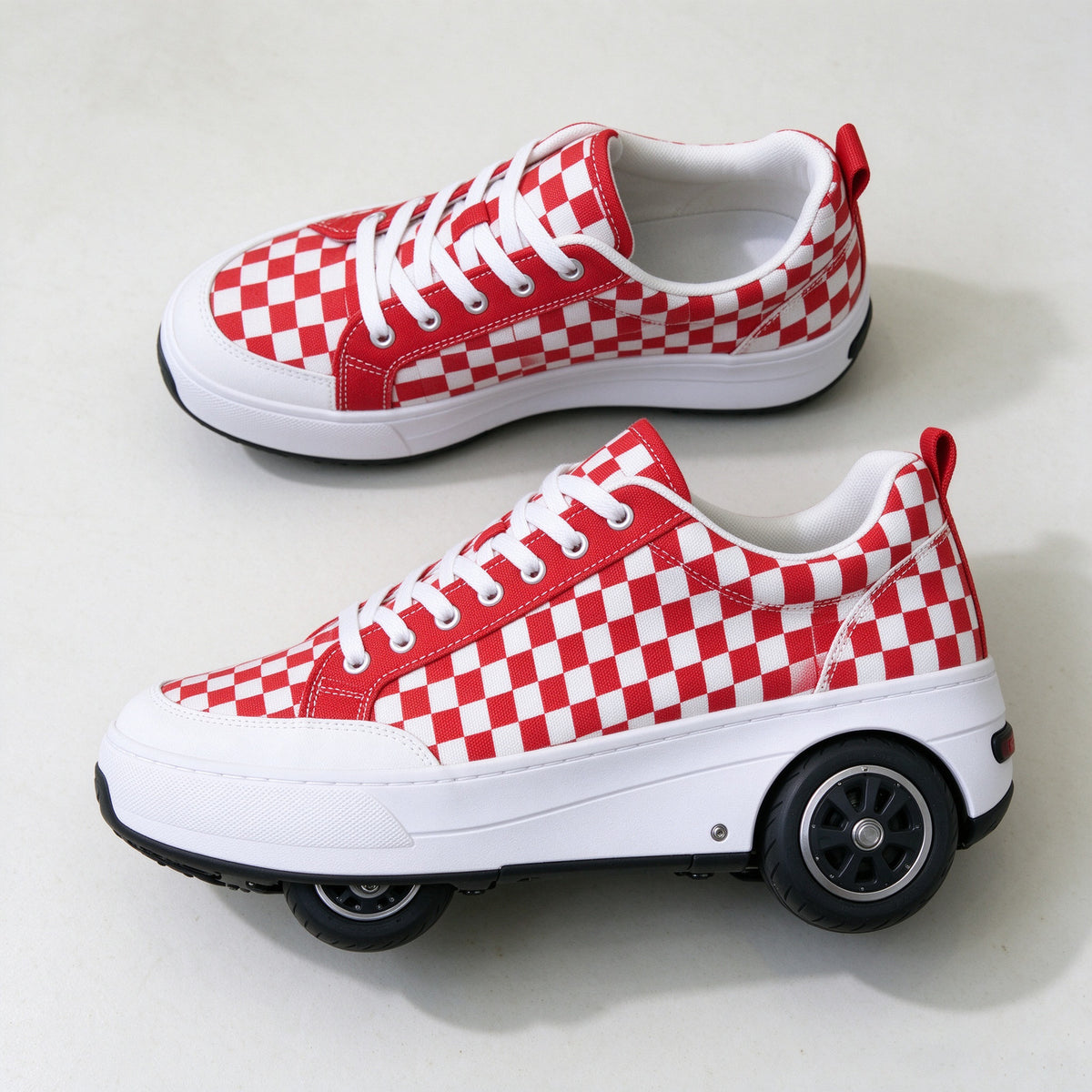 Checkered electric skate sneakers seen from behind on a white background
