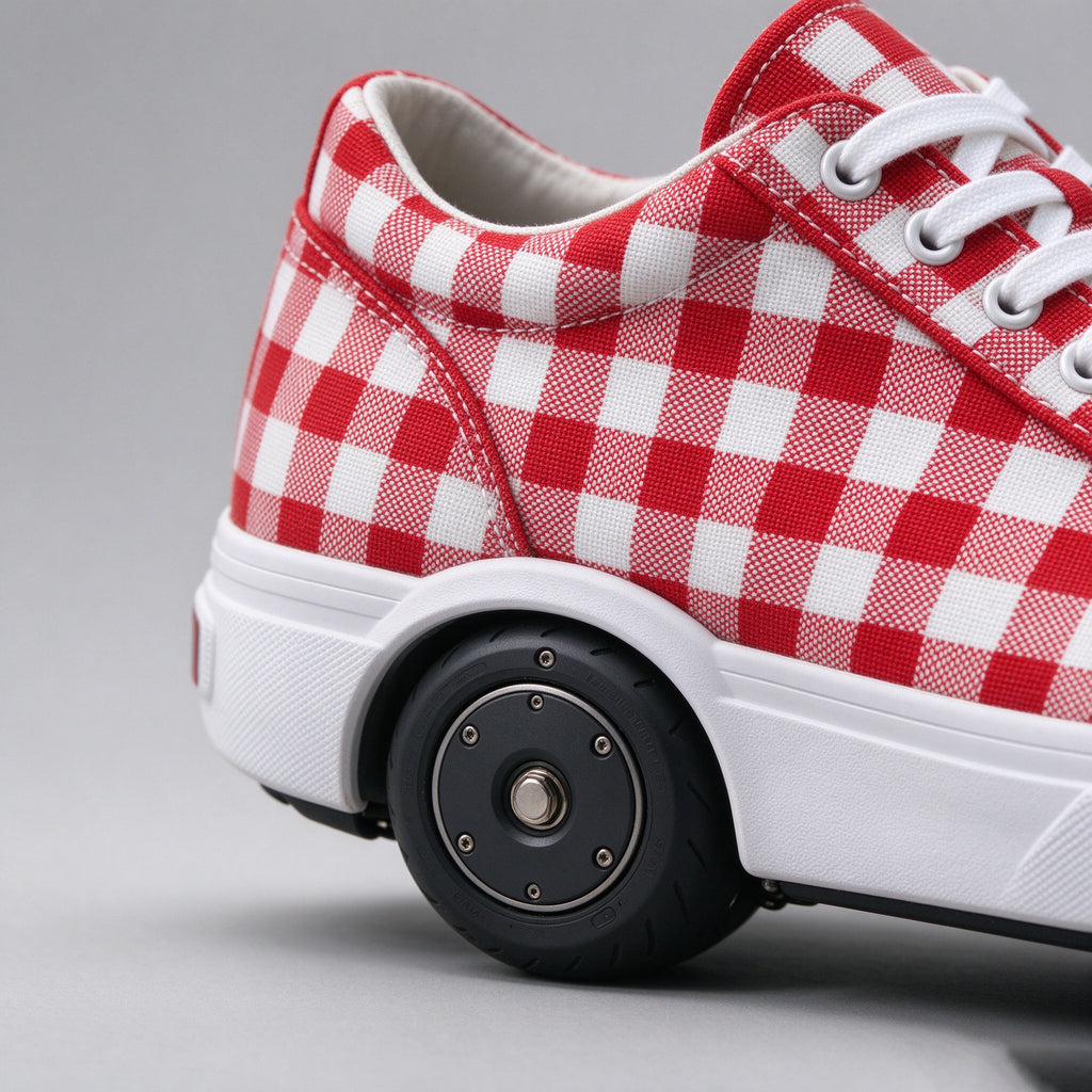 Close-up of the checkered upper and the motorised heel wheel