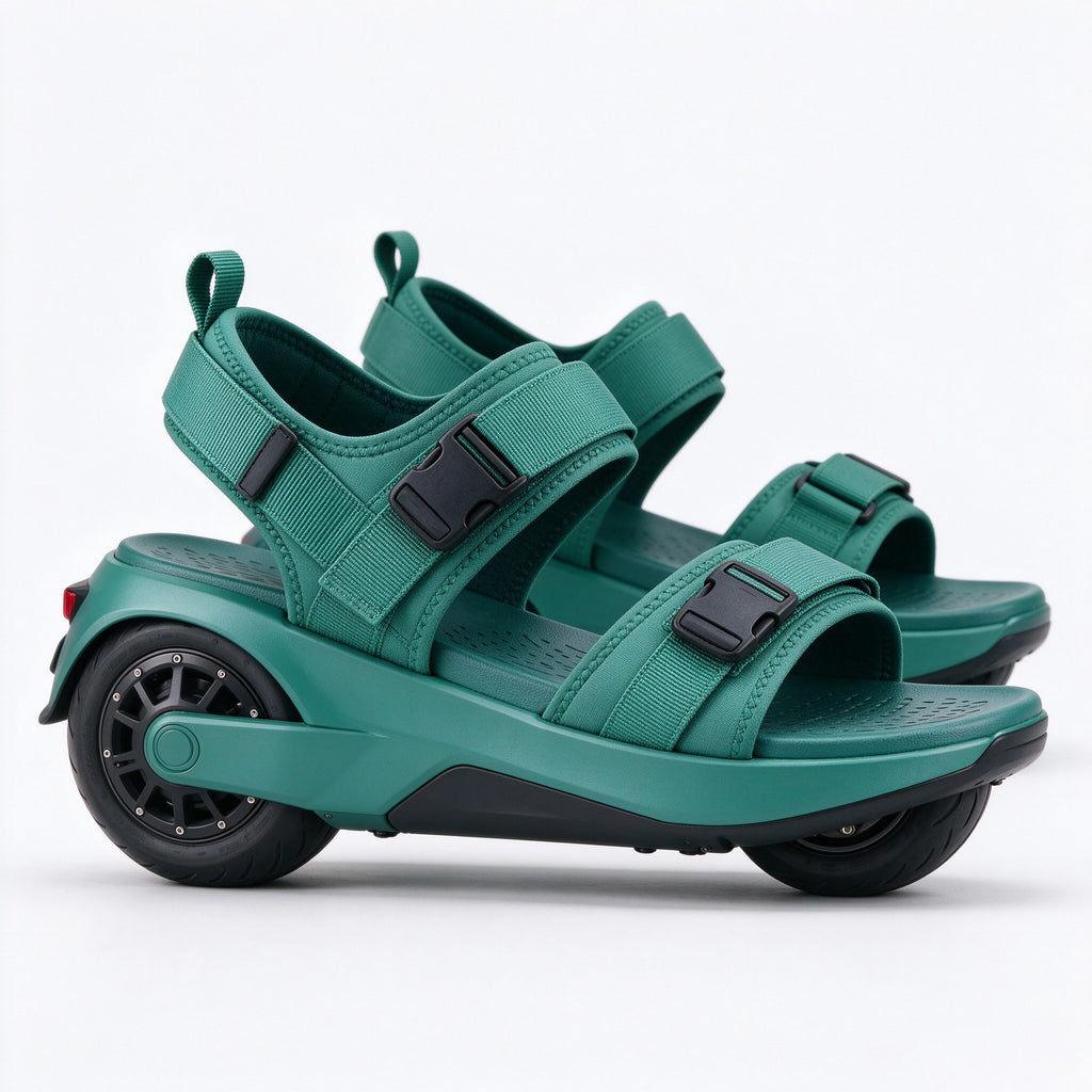 Pair of teal open-toe electric sandals angled on a white background