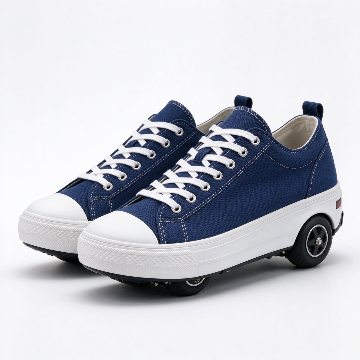 Pair of navy canvas electric sneakers with white toe caps on a white background