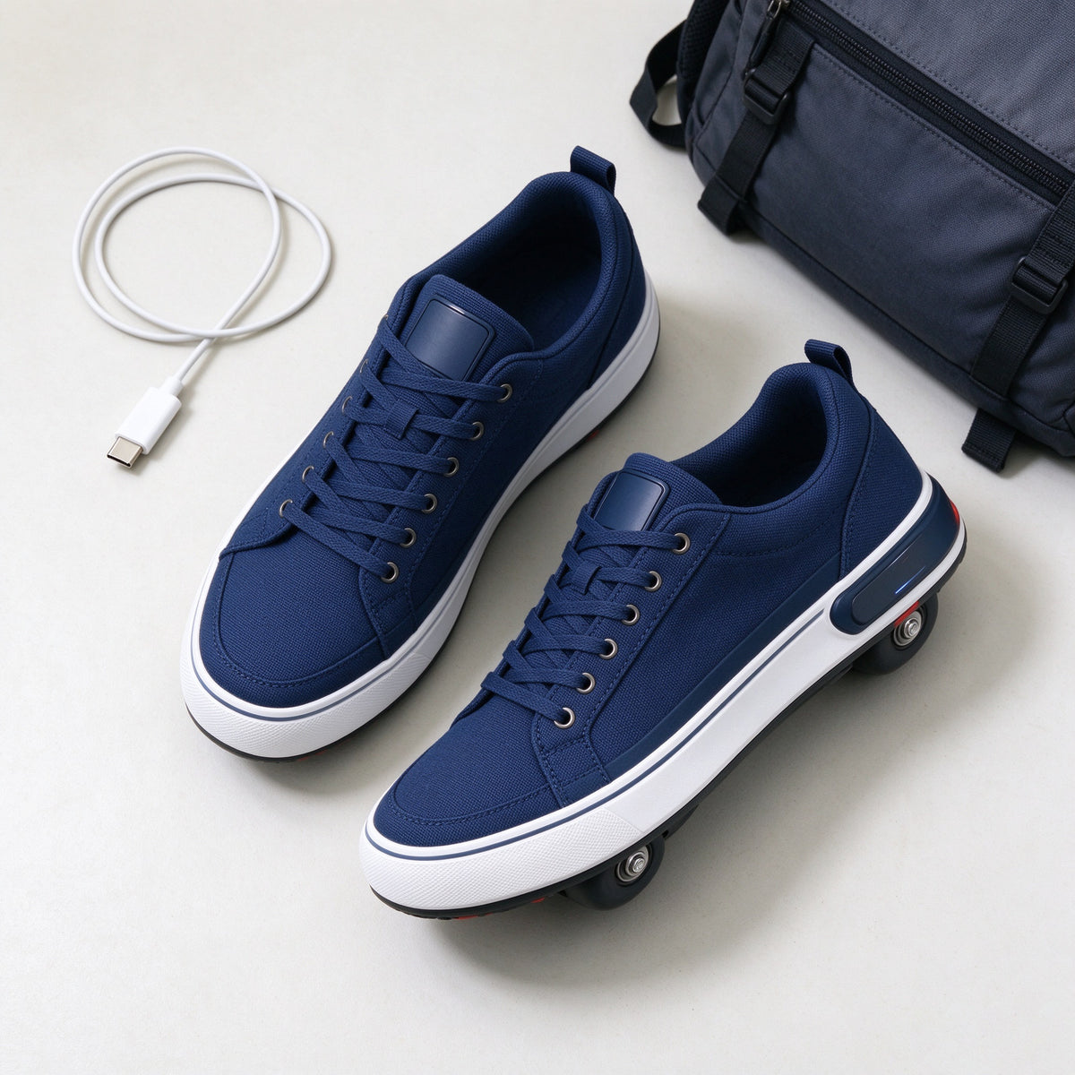 Flat lay of navy canvas electric sneakers with a USB-C cable and a bag