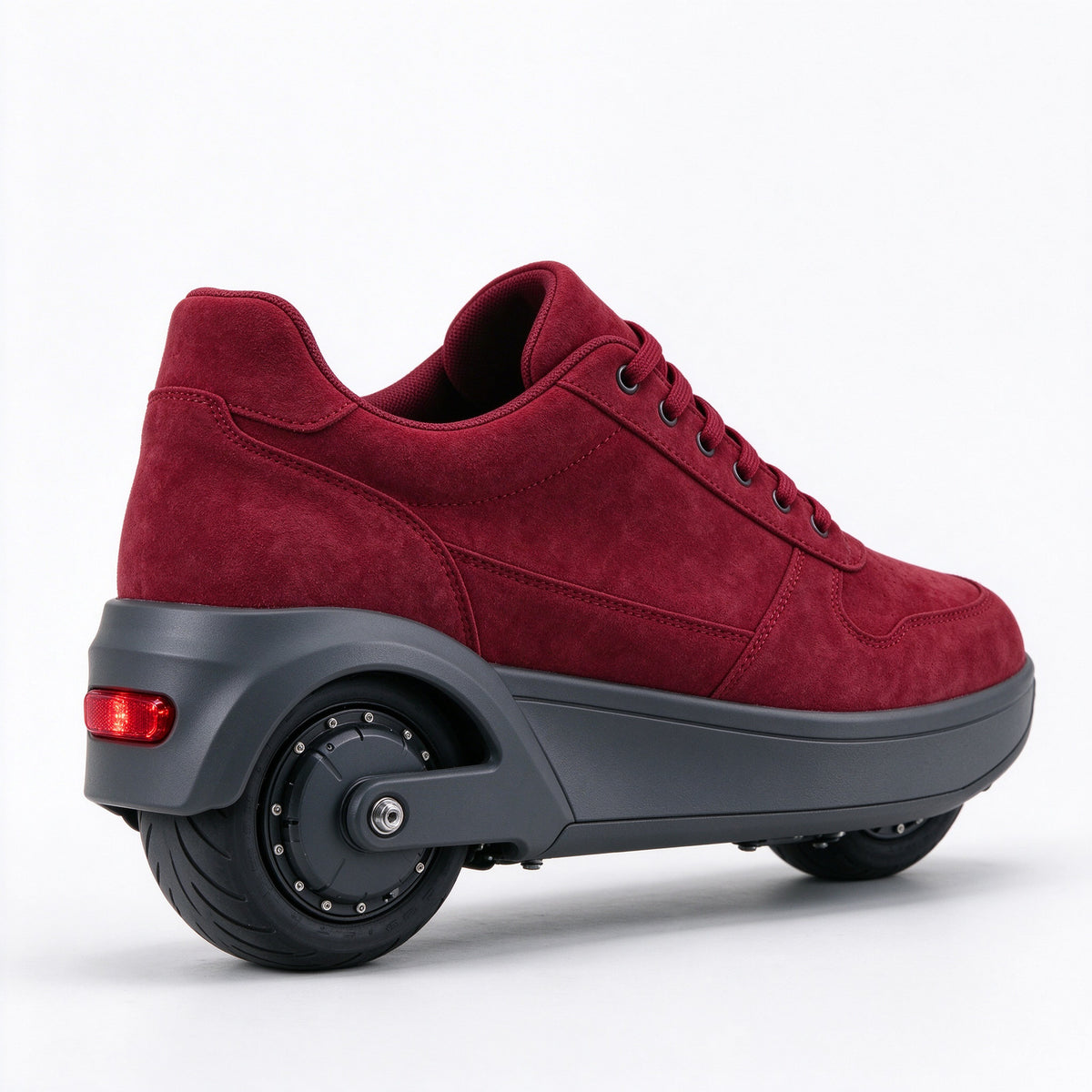 Burgundy suede electric sneaker in profile with the heel wheel and tail light