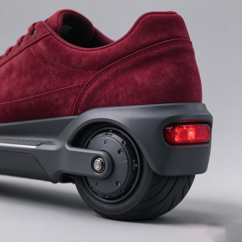 Close-up of the burgundy suede heel with the motorised wheel and light