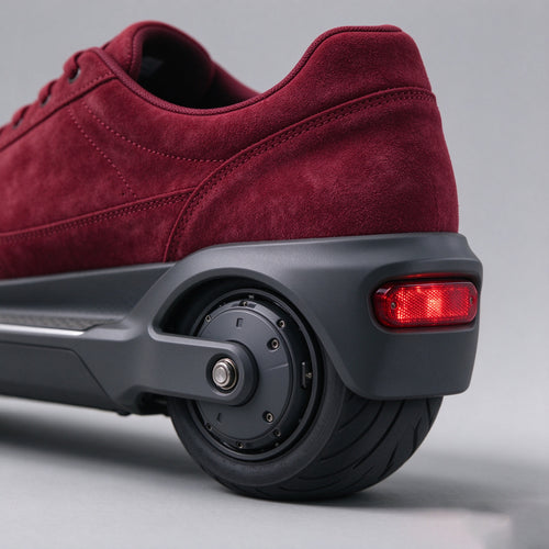 Close-up of the burgundy suede heel with the motorised wheel and light