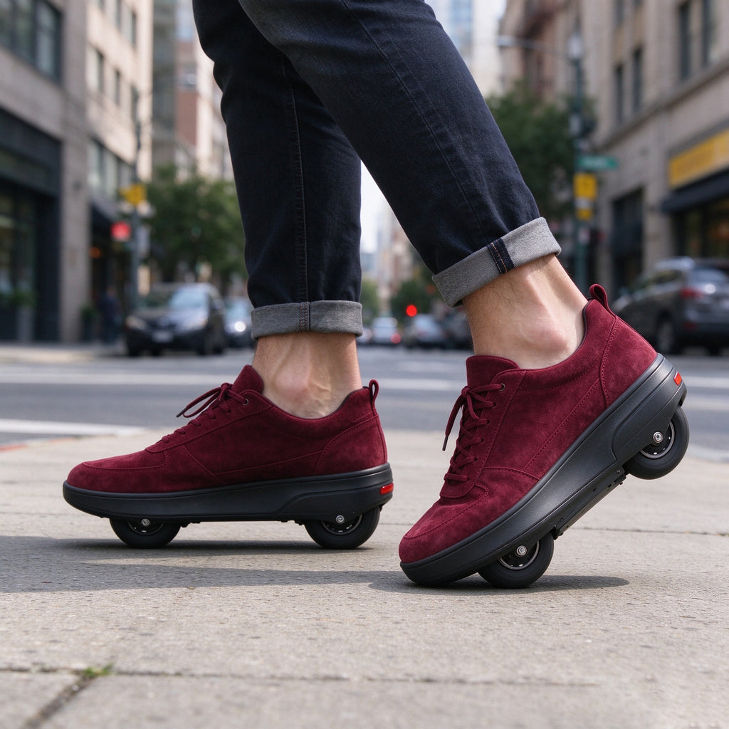 Person walking in burgundy suede electric sneakers on a city street