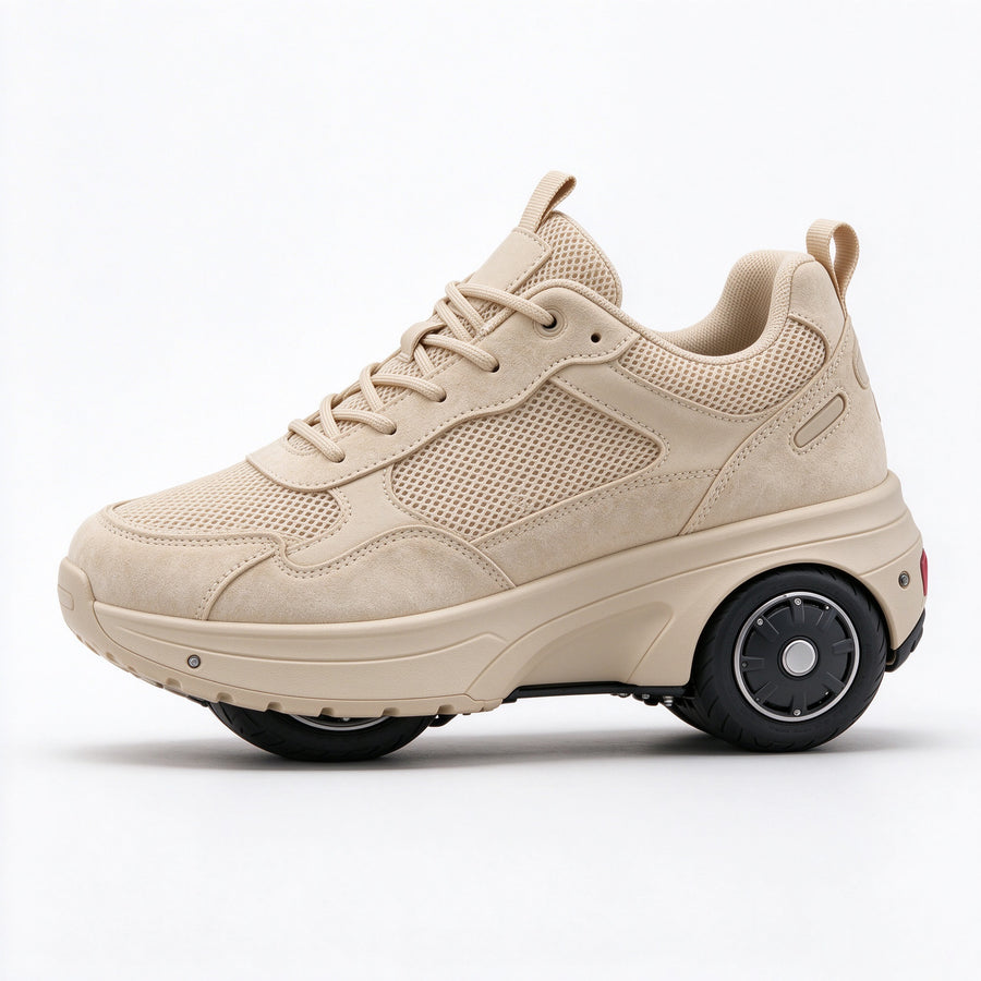Beige chunky electric sneaker in profile with the wheel set into the midsole