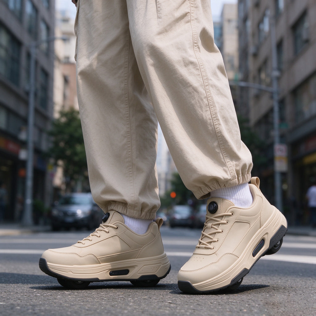 Person walking in beige chunky electric sneakers on a city street