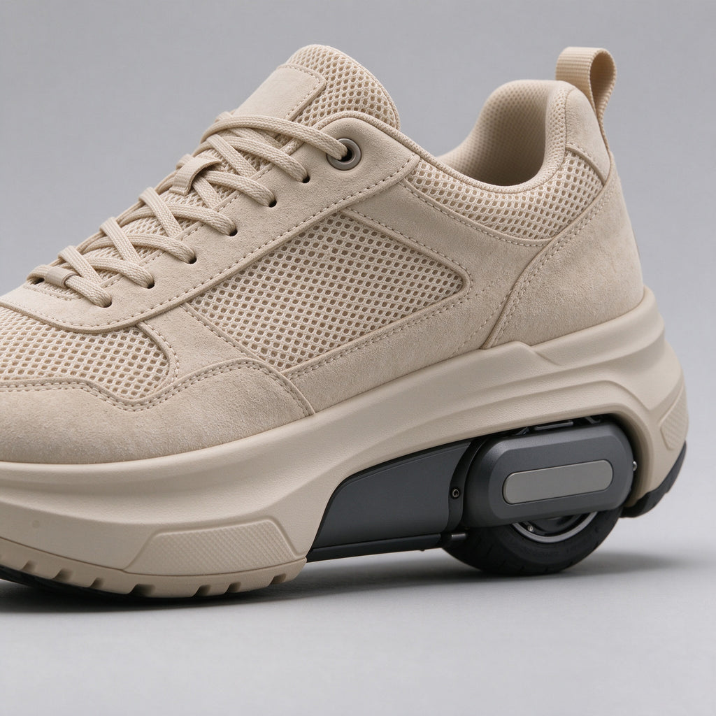 Close-up of the layered mesh upper and thick wheeled midsole