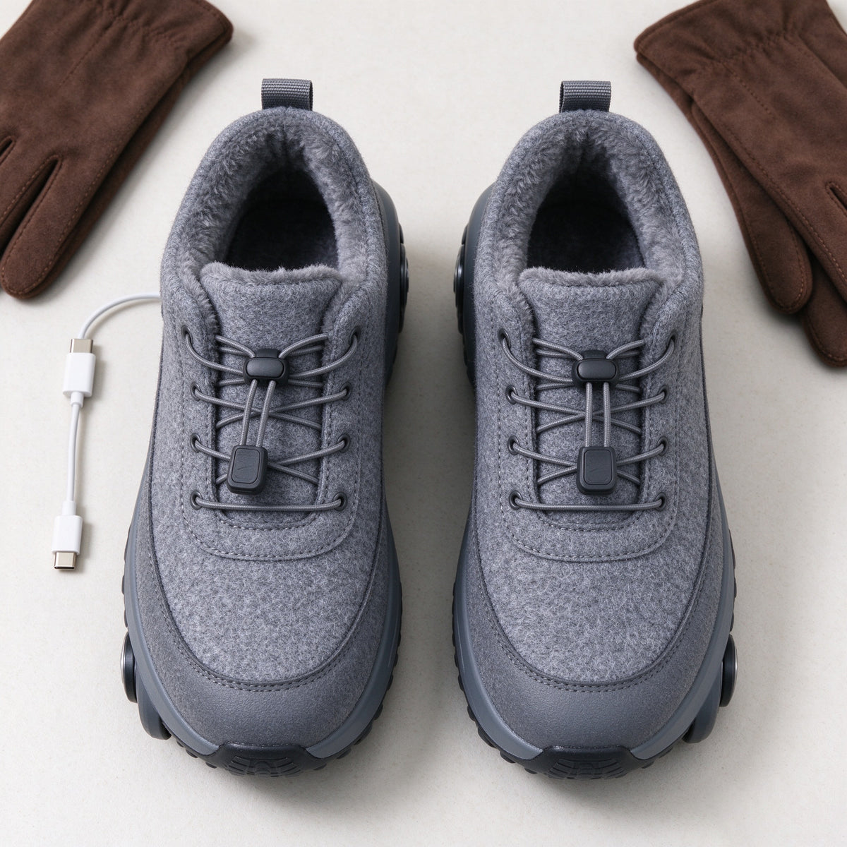 Pair of grey fleece-lined electric winter shoes with gloves and a charging cable