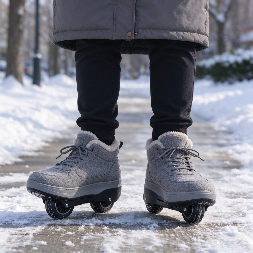 Person walking in grey electric winter shoes on a snowy pavement