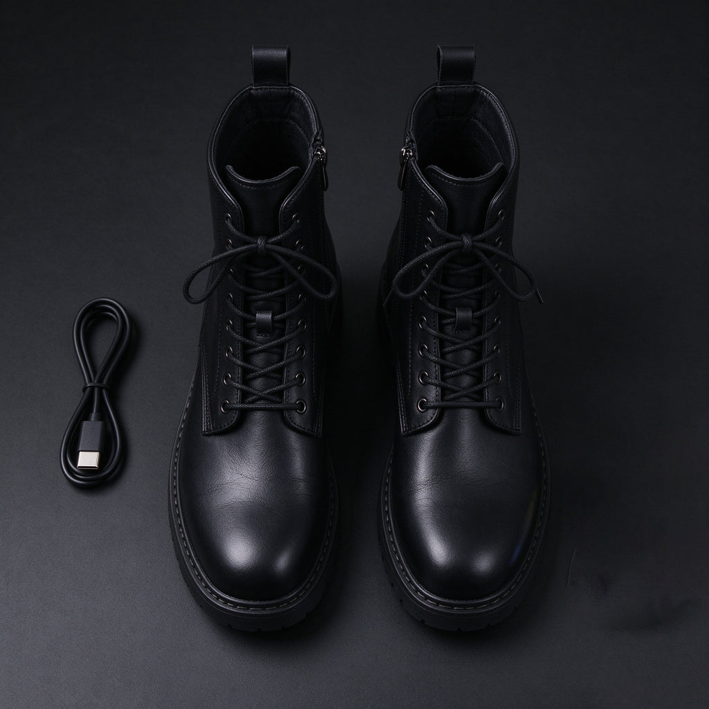 Pair of black leather electric combat boots with a charging cable on a dark background