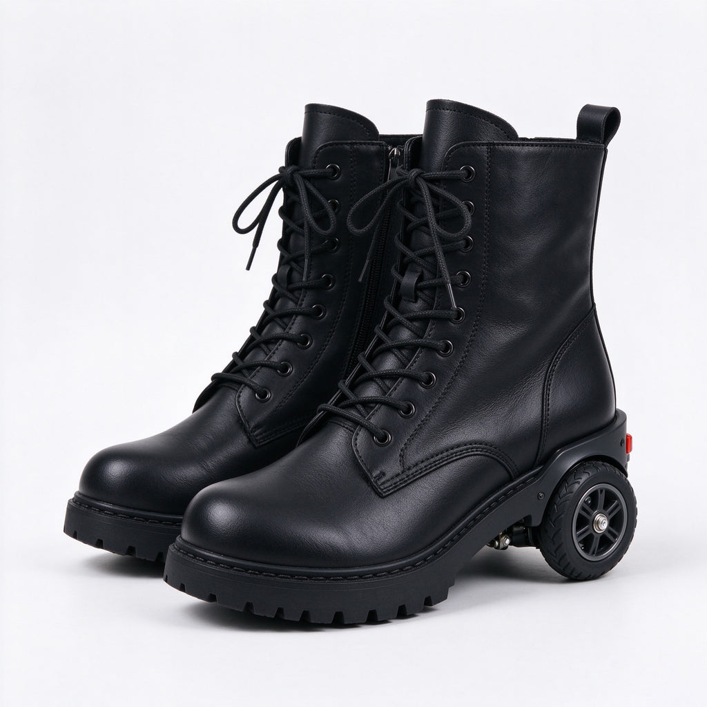 Angled pair of black leather electric combat boots showing the wheel in the heel