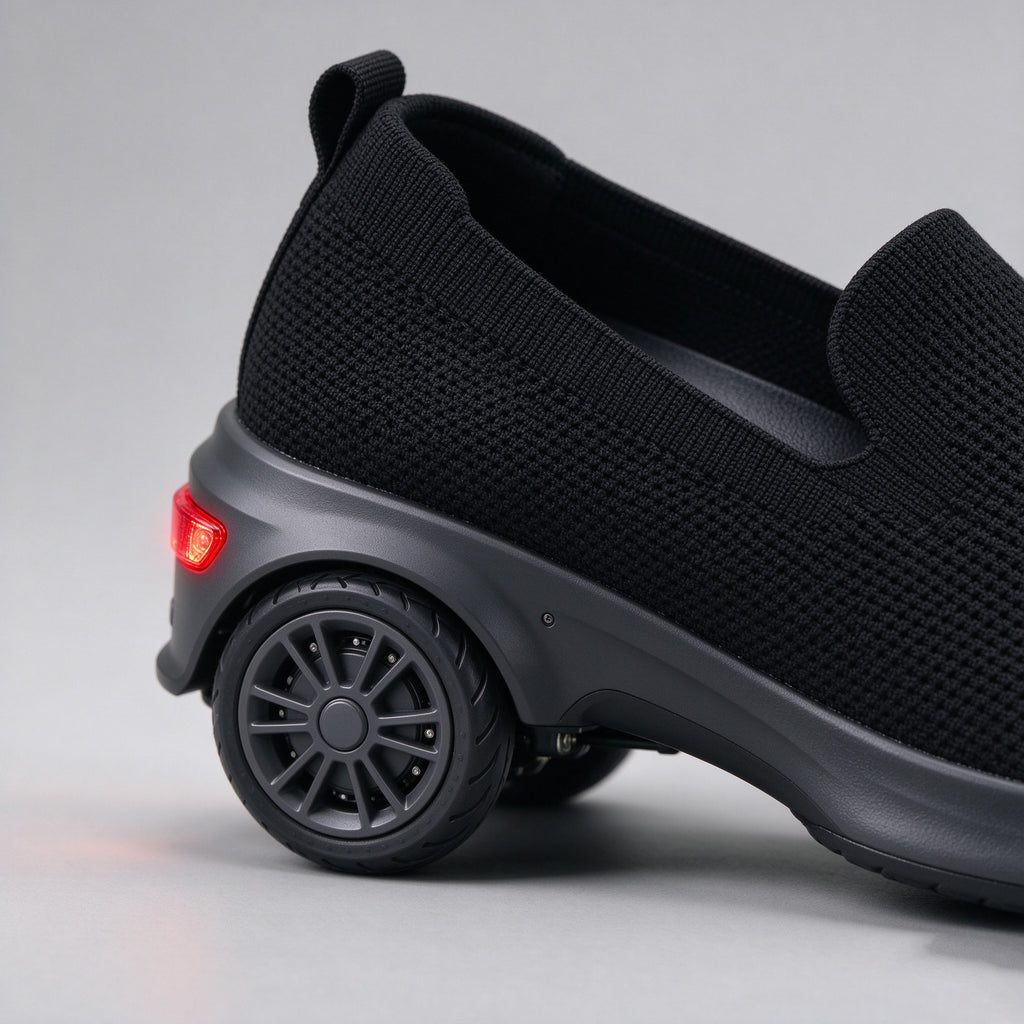 Close-up of the black knit heel with the motorised wheel