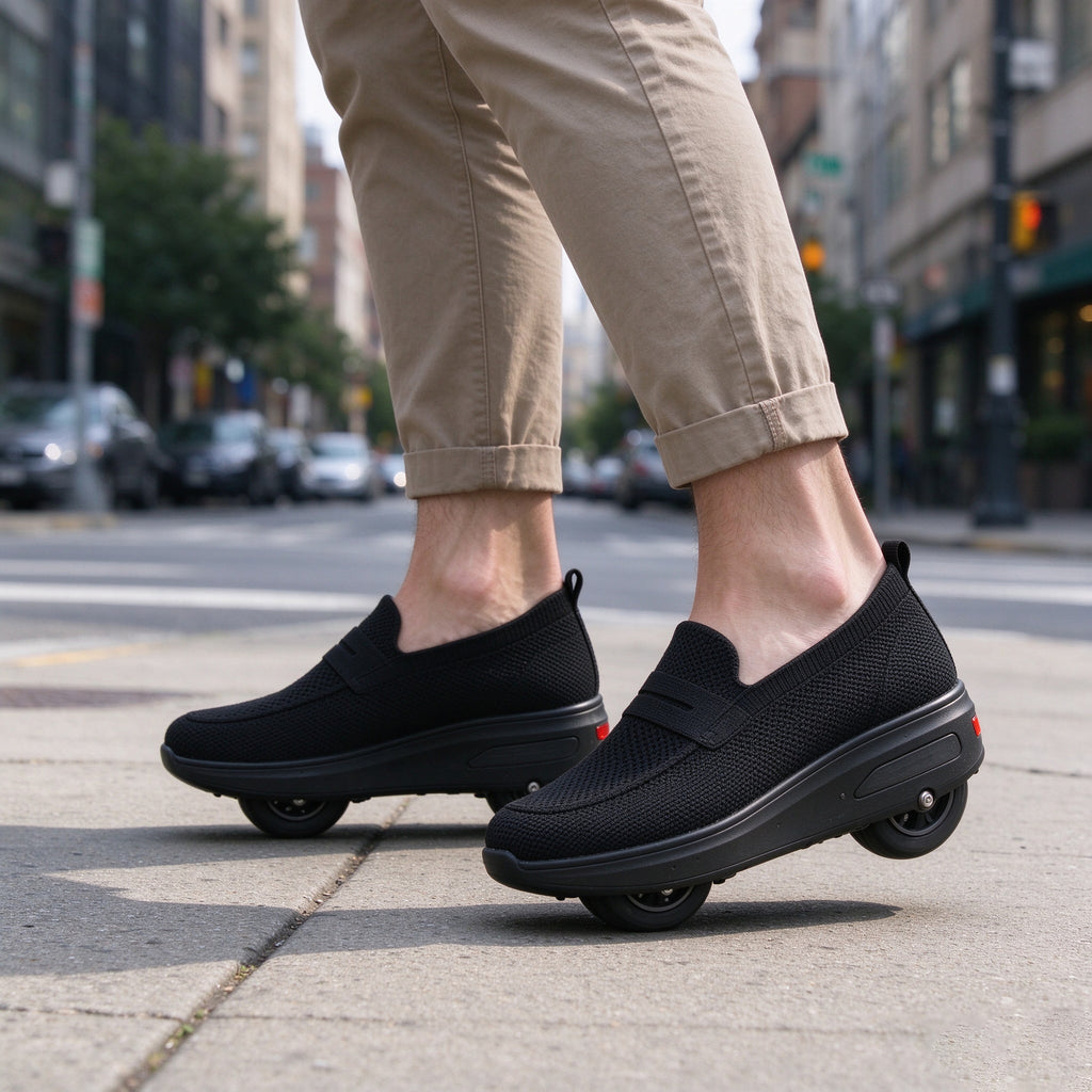 Person walking in black knit slip-on electric shoes on a city pavement